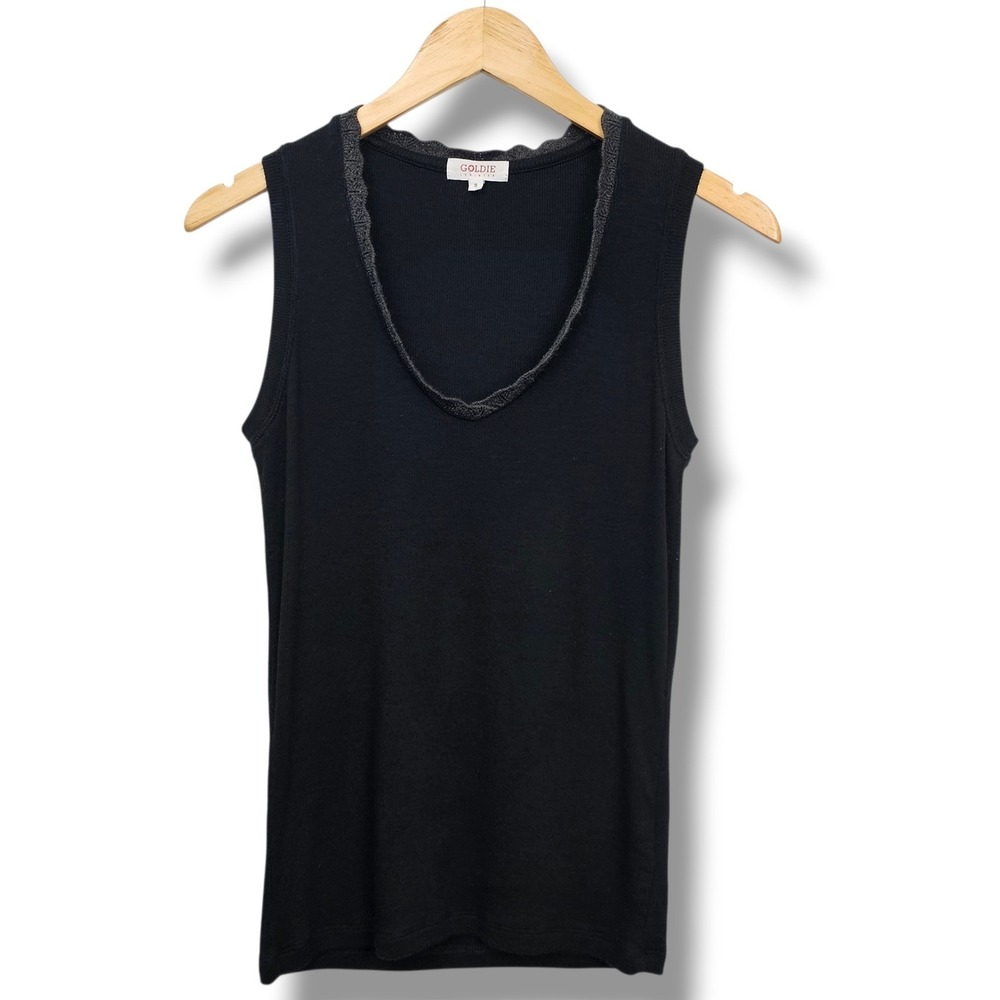 GOLDIE Tank Top S Black Ribbed Gray Lace Trim Deep V-Neck Soft Dark Cottage Boho